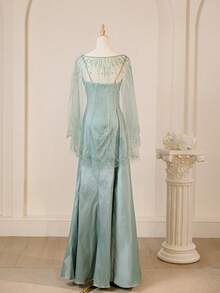 Fall Glamorous Elegant Spaghetti Strap Formal Evening Prom Wedding Guest Gown, With Draped Side,For Graduation, Dinner - Baby Blue - View 3