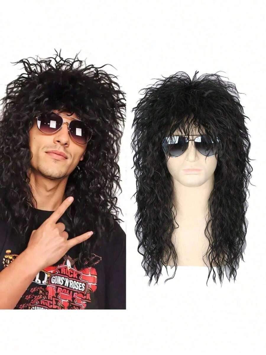 Men And Women Long Curly Brown Gradient White Wig 70s 80s Rocker Mullet Party Funny Wig Costume Wig - màu đen - Xem 1