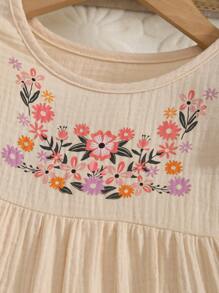 Mommbaby Baby Girl Romper Solid Color Cotton Pleated Floral Print Ruffle Trim Long Sleeve Footed Jumpsuit Playsuit, Spring/Autumn