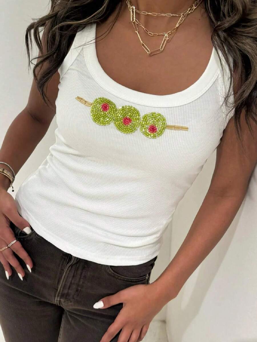 Y2k Graphic Sequin Tank Tops Women Cute Ocean Starfish Beaded Embroidered Top Summer Sleeveless Cherry Beach Crop Top - 白色4 - 查看 1