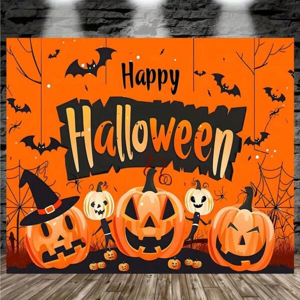 1 pieza de fondo de poliéster con decoraciones de calabaza, murciélago y fantasma para Halloween feliz - Fondo naranja brillante para fiestas de Halloween, fotomatones, uso interior/exterior, decoración interior | Diseño de Halloween alegre | Tela de fibra de poliéster