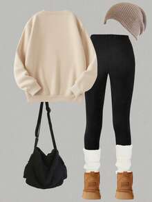 2pcs Set Girl Sweet And Cute Cherry Bow Print Sweatshirt Set, Soft And Skin - Friendly, Spring & Autumn Daily Streetwear - Apricot - View 3