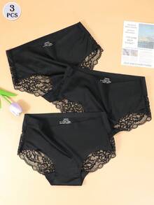 3条装女士黑色蕾丝拼接三角裤 - 黑色 - 查看 4