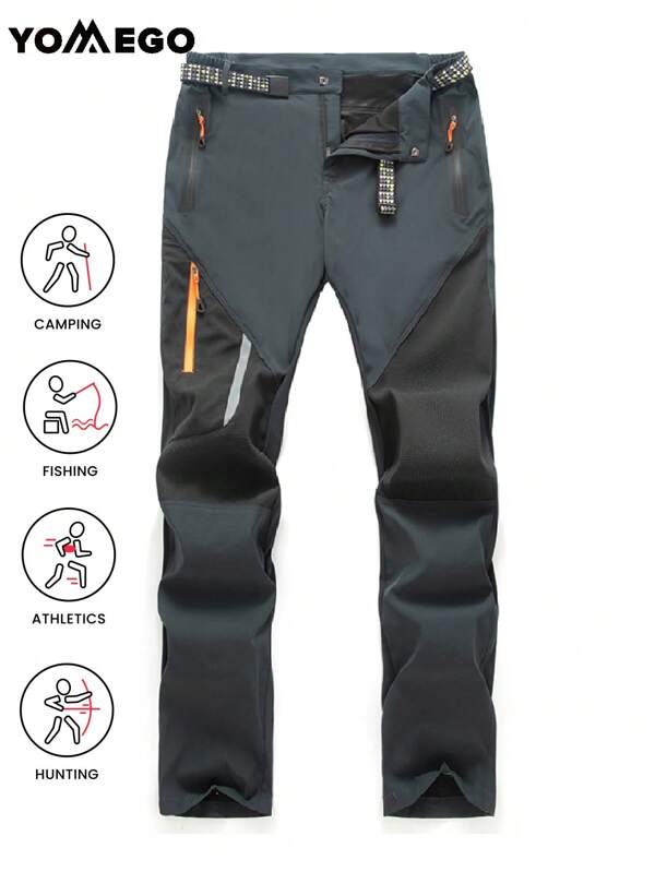 YOMEGO Breathable And Quick-Dry Lightweight Cargo Pants With Elastic Waist And 4 Zipper Pockets, Men's Contrast Color Stripes Print Pants For Outdoor Sports With Belt, Ideal For Outdoor Activities,Hiking Pants Men,Spring,Summer