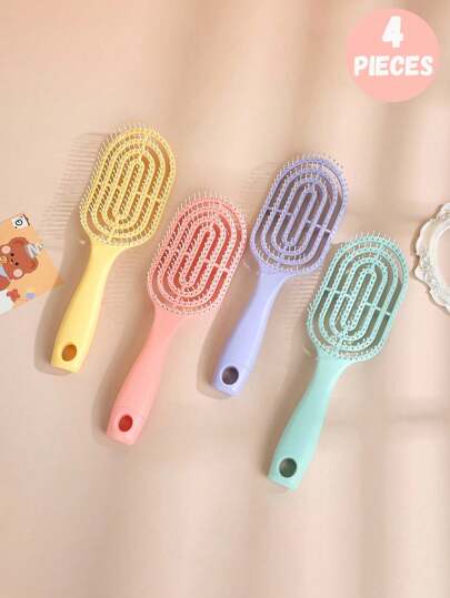 4pcs/2pcs/1pc Girls Hair Comb Set, Fluffy Massage Boar Bristle Large Curved Comb, Hollow Out Circular Comb In Macaron Colors, Essential Hair Brush, Hair Styling Tool, Hair Care And Salon Accessory, Suitable For Beauty Travel And Hair Salon