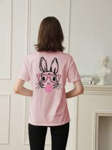 A Casual Printed Round Neck Pullover Short Sleeved T-Shirt For Girls And Boys, Designed For Summer Students And Young Children's Clothing - Cute, Glasses Wearing, Rabbit Animal Series, Artistic Style T-Shirt That Inspires Imagination And Self-Expression! Kids Clothes Girls Graphic Tees Summer Tops Tween Girl Clothes