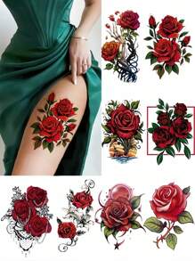 4张花朵临时纹身贴女士红玫瑰纹身防水假纹身贴纸适合所有节日派对