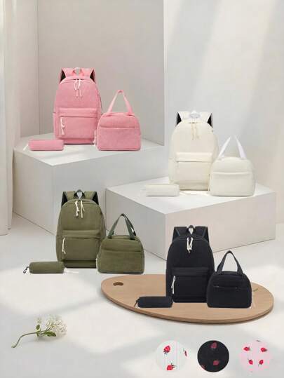 3pcs Nylon Zipper Refreshing Summer Fashion Solid Color/Strawberry Print Large Capacity Outdoor Backpack, Casual Versatile Wear-Resistant Back To School Season Lightweight Backpack, Including Backpack + Lunch Bag + Pencil Case