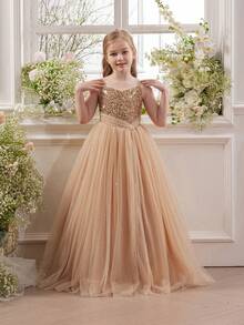 少女金色亮片网纱薄纱派对礼服，优雅公主裙，适合女孩生日派对、青少年正式晚宴、花童、伴娘、舞会、节日庆典 - 香檳色 - 查看 7