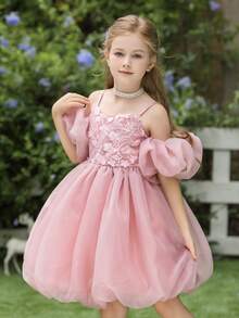 Đầm dự tiệc màu hồng cho bé gái, chất liệu lưới đính sequin hoa 3D, tay phồng, kiểu dáng thanh lịch, thích hợp cho tiệc sinh nhật, đám cưới, dạ hội, bé gái cầm hoa, phù dâu, các dịp đặc biệt, ngày Valentine. - Hồng - Xem 11