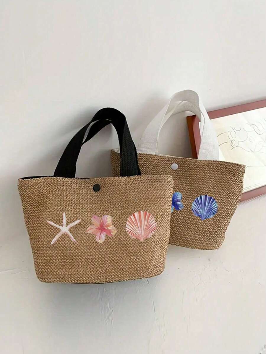 1 pezzo Borsa a tracolla stile bohémien con stampa di ibisco mutabilis, stella marina, cocco e lettera, adatta per la spiaggia e le vacanze, leggera per uso quotidiano, commuting e shopping, elegante borsa estiva da viaggio, borsa da spiaggia estiva alla moda (misura mini)