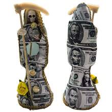 Santa Muerte Dólar 15 cm Vestida + Veladora De Gel Santa Muerte Llama Clientes - Abundancia Económica, Atracción Del Dinero, Suerte Financiera, Riqueza - Blanco y Negro - Ver 2