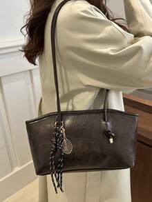 1个咖啡棕色绗缝拉链PU纯色保龄球包，大容量手提包，新款时尚复古风单肩包，适合女性日常使用，秋冬季，复古包