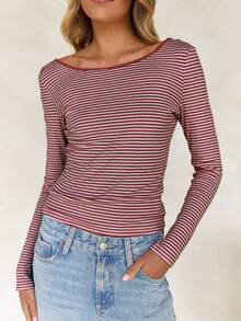 Vaiaye Women's Sexy Backless Striped Knit Long Sleeve Top, Backless Round Neck Casual T-Shirt, Suitable For Work Commute In Spring And Summer - Red - View 10