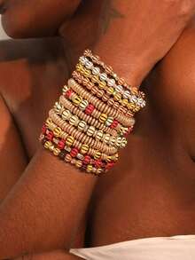 12pcs/Set Bohemian Style Brown Beaded Bracelets, Suitable For Women Vacation, Beach & Daily Wear - S-395 Màu hổ phách, hình tròn và phẳng - Xem 4