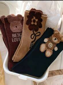 3/6/9双装随机羽毛熊主题针织混纺中筒袜，可爱百搭，适合秋冬季节，可单穿或作为过膝袜穿着 - 彩色 - 查看 2