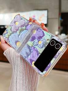 Floral Oil Painting Graffiti Phone Case, Compatible With Samsung Galaxy Z Flip 6 Z 5 4 3 5G, Luxury Folding Hard Shell Phone Protective Cover - Oil Painting Flowers - View 4