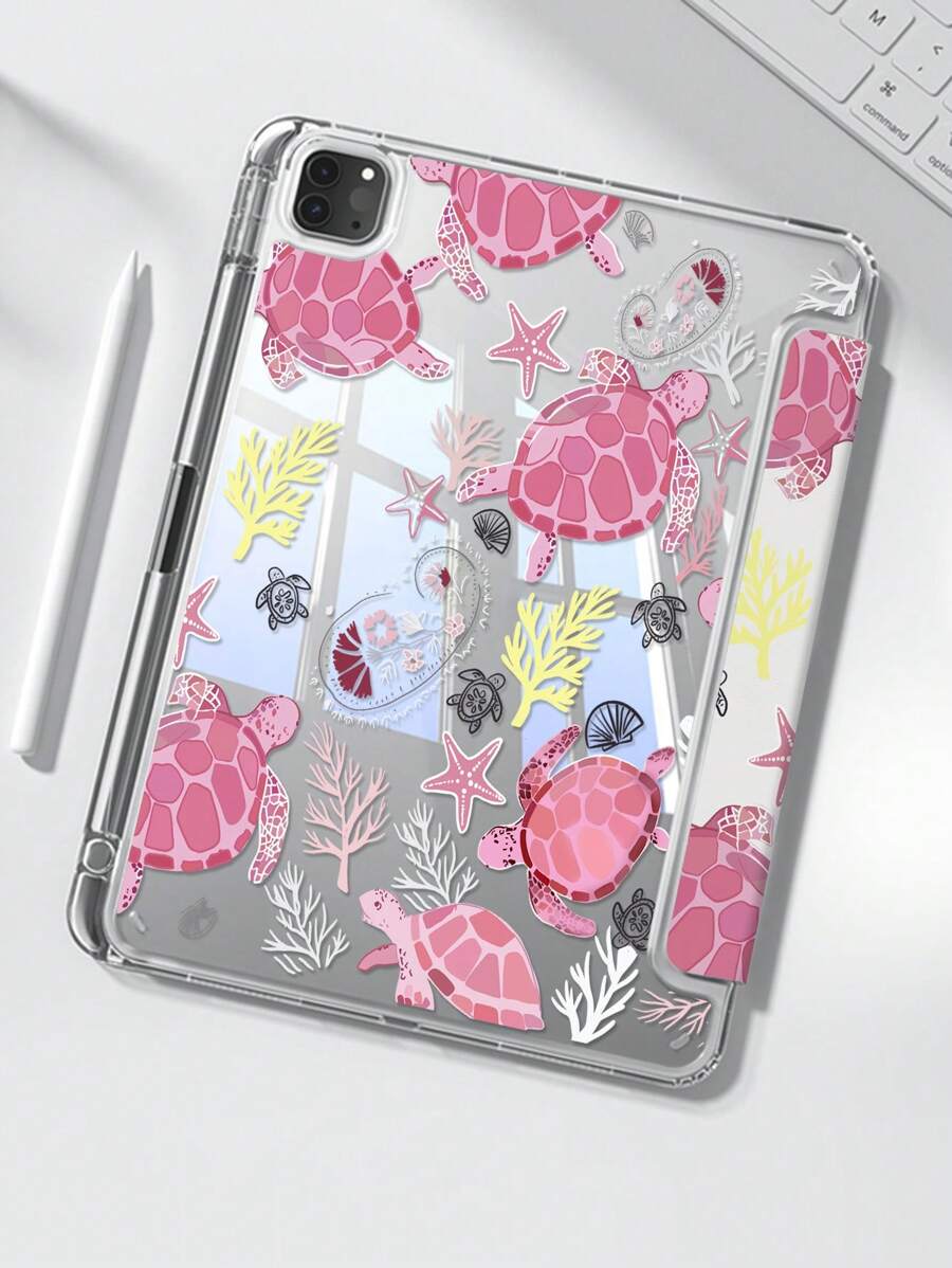 这款精美可爱的卡通粉色海龟、海星、花朵和小草图案双面喷漆亚克力透明水晶背板具有防震功能，兼容第七代和第八代（10.2 英寸）iPad。第十代保护壳内置笔槽，支持睡眠和唤醒功能。它是节日和新年的礼物。 - 彩色 - 查看 1