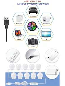 1 套多尺寸 3 色照明化妆镜灯泡和 7 色灯带，USB 供电可调光和可调节装饰镜，房间装饰，梳妆台照明，节日派对灯，LED 灯串，8 个灯泡和 10 个灯泡带 3 米灯带，12 个灯泡和 14 个灯泡和 16 个灯泡带 5 米灯带