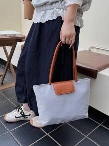 新款女士大容量尼龙休闲纯色手提包、单肩包、饺子包、托特包 - 灰色 - 查看 9