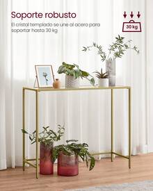Mesa de Consola, Mesa de Entrada, Extremo del Sofá, Tablero de Vidrio Templado, Marco de Metal, Patas Ajustables, para Salón, Entrada, Pasillo, Dorado Pálido y Transparente - Dorado - Ver 2
