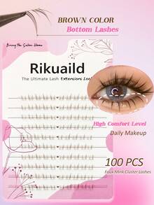 Rikuaild 100pcs DIY Brown Lower Lashes, Anime Lashes, Natural Soft Brown Cartoon Lashes For Eyelash Extension, Beginner Friendly Korean Style, Transparent Band C-Curl Cluster Individual Lower Lashes - C - View 2