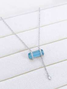 夏季 925 纯银女士项链，方形海蓝宝石水晶项链，镶嵌精美钻石锆石时尚珠宝礼物，适合海滩度假、节日、约会和女性日常佩戴 - 銀色藍色水晶 - 查看 10