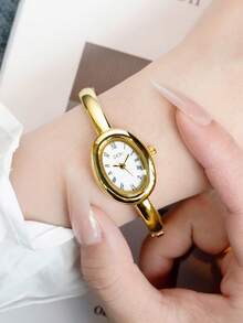 gedi 1pc Ladies Elegant Style Quartz Watch Luxury Oval Dial Push Button Design Wear Suitable For Dress Party Daily Wear Gift For Women Valentine's Day Gift - Gold - View 6