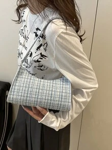 Fashionable & Versatile Plaid Shoulder Bag For Commuting & Casual Use - Blue - View 7