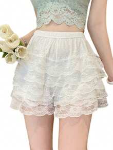 Womens Layered Ruffle Shorts Casual Elastic Waist Solid Color Lace Bloomers Lolita Clothes - White - View 2