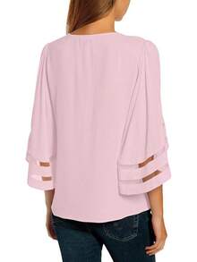 Women's Casual Blouse 3/4 Bell Sleeve Mesh Panel Loose Top, Fashionable VCAY - Pink Cradle Pink - View 4