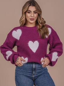 Women's Furry Heart Sweater Blouse Knit Wool Woolen Fang Long Sleeve Puffy Oversize Winter Cold Laffy Tricot - 粉紅色大麗花與白色 - 查看 1