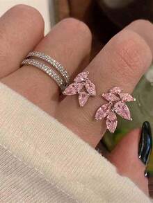rundraw 2pcs/Set Luxury Pink Cubic Zirconia Leaf Shaped Fully Paved Open Ring Set, Suitable For Women's Daily Wear And Wedding Occasions - Silver - View 17