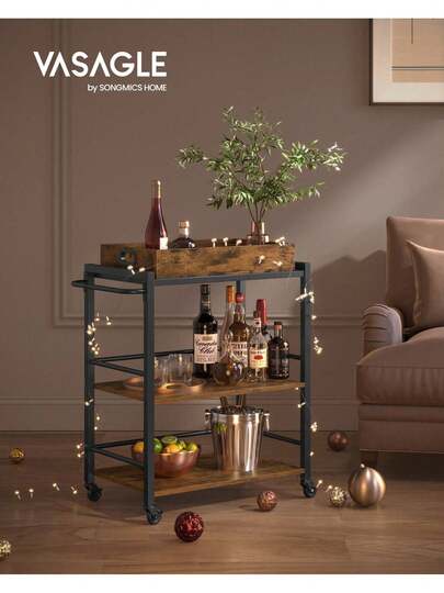 Kitchen Serving Cart With Removable Tray, 3-Tier Kitchen Utility Cart On Wheels With Storage, With Brakes, Levelling Feet, 40 X 72 X 86 Cm