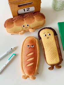 1 pieza Estuche de lápices de peluche con forma de baguette, bolsa de papelería de la serie de pan con diseño único y gran capacidad