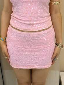 Sequin Mini Skirt For Women Summer Fashionable Versatile Solid Color Low Waist Bodycon Skirt - 亮粉紅色 - 查看 4
