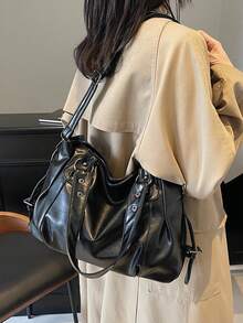 大容量纯色女士单肩包，时尚女士手提包，空间宽敞，可个性化定制，适合日常使用、上学、外出、购物、送礼、旅行、通勤等场合。 - 黑色 - 查看 5