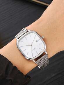 1 件复古简约时尚银色方形表盘日历手表，不锈钢表带，高端感觉，周年纪念礼物，年终促销，光棍节，万圣节促销等。