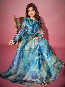 大码女士长款优雅连衣裙，缎带领，随机波浪印花，水钻腰带装饰，春假款 - 彩色 - 查看 4