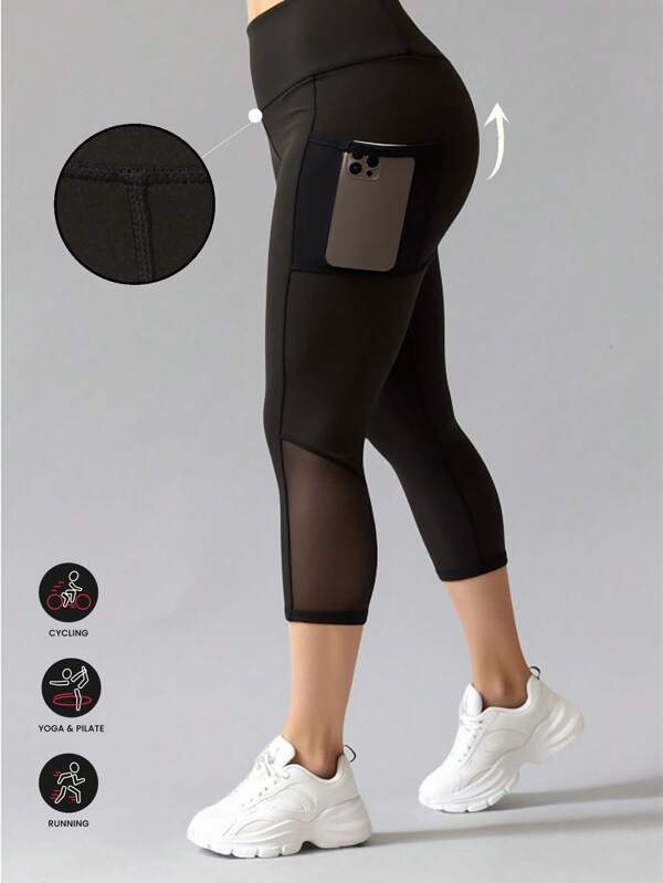 Plus Size Women Yoga Fitness Mid-Length Pants, Mesh Patchwork Design With Pockets, Suitable For Yoga, Fitness, Sports