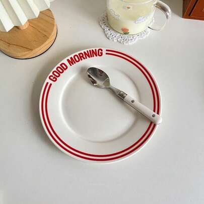 Nordic Style "Good Morning" Red Striped Design Ceramic Plate - Round All-Season White Ceramic Dish, Suitable For Salad, Steak, Dessert, Breakfast And Daily Use | Holiday Tableware