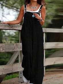 一件纯色梭织面料纽扣口袋女士连体裤，适合度假、日常穿着、生日派对、返校派对、单身派对、旅行，四季皆宜，牛仔质感黑色春季款 - 黑色 - 查看 1