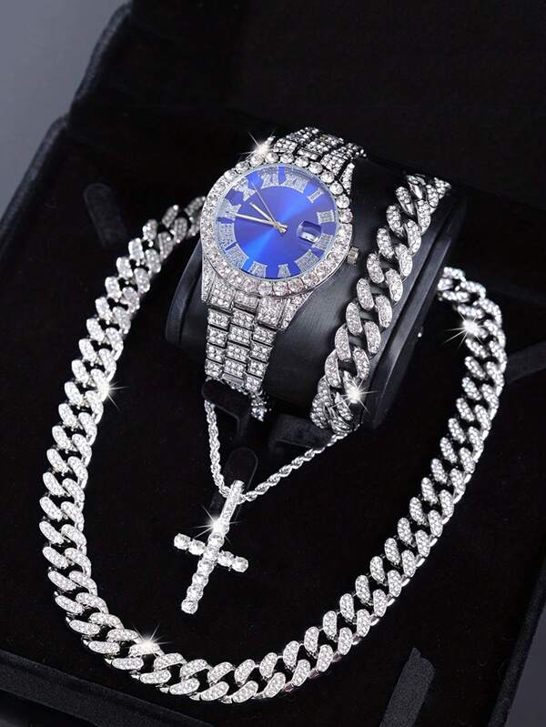 Set de 4 piezas: Collar de cadena cubana personalizado para hombres, reloj de pulsera de cuarzo, collar con colgante de cruz, pulsera, conjunto de joyería unisex de estilo hip hop