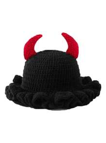 1 件男女通用手工针织无檐便帽，荷叶边渔夫帽，骷髅、南瓜、角图案，趣味角色扮演拉法帽 - 彩色 - 查看 14