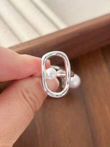 2pcs Pearl Rings Set For Women Couples New Elegant Creative Hollow Geometry Handmade Birthday Party Rings Jewelry Gifts - Silver - View 8