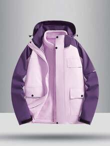 1 Set Women's Autumn/Winter New Outdoor Sports Hooded Casual Windproof Waterproof Fashion Versatile Sherpa Lining 3-In-1 Softshell Jacket Coat Two Pieces Suit - Mauve Purple - View 2