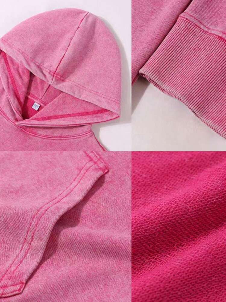 1 Piece Washed Cotton Sweatshirt Mans Clothing For Winter Spring Gift For Husband With Front Pocket NON PRINTED Hoodies, Solid Color Long Sleeves - Hot Pink - View 6