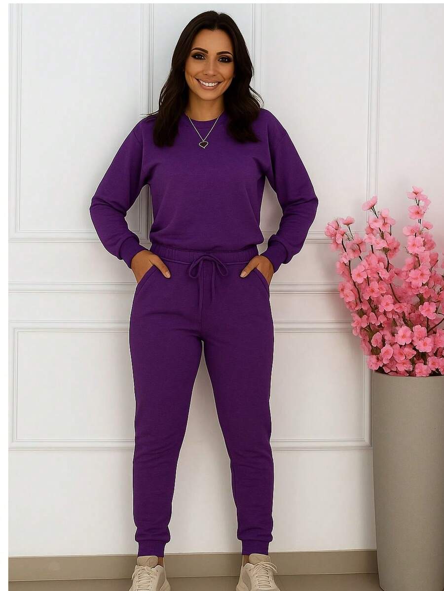 Long Sleeve Cropped Set And Woolen Pants Winter 2025 - Màu tím - Xem 1