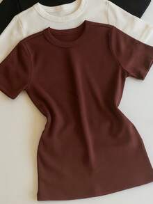 Kit 3 Short Sleeve Ribbed Blouses For Women, Basic, Elegant, Summer - Nâu/Trắng/Đen - Xem 3
