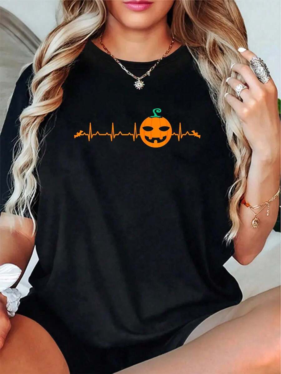 Pumpkin Heartbeat Halloween T-Shirt For Nurse Or Doctor - 100% Cotton Summer Tops Office Outfits For Women, Vacation Outfits Woman - 黑色 - 查看 1